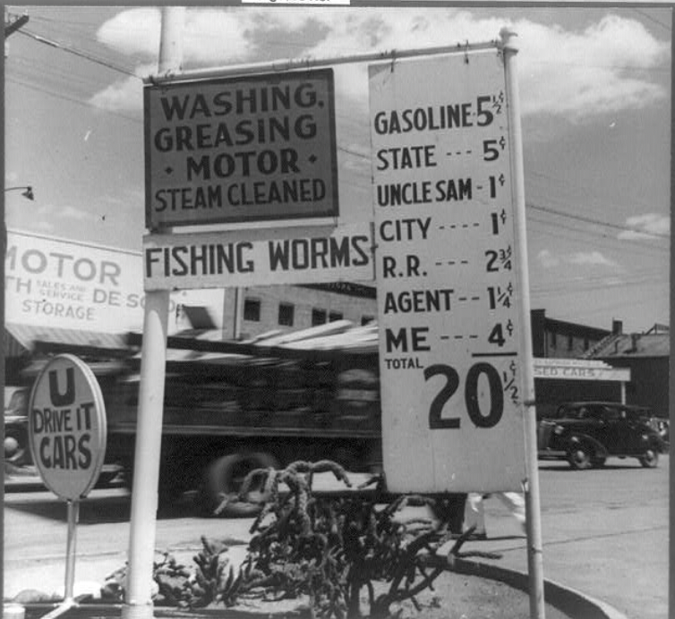 1950s gas station prices - Washing Greasing Motor Steam Cleaned Gasoline 5% STATE5% Uncle Sam1 City I' Motor Fishing Worms The De S R.R. 2 Agent1 Storage U Drive It Cars Me4 $ Total 20
