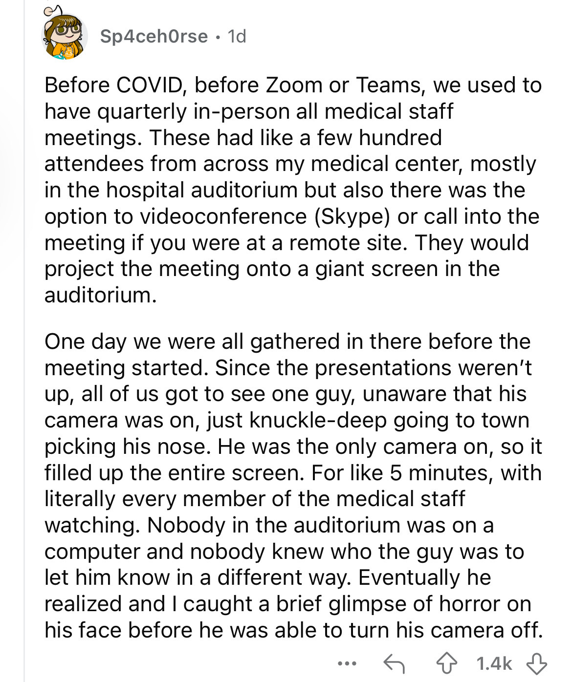 document - Sp4cehorse 1d Before Covid, before Zoom or Teams, we used to have quarterly inperson all medical staff meetings. These had a few hundred. attendees from across my medical center, mostly in the hospital auditorium but also there was the option t