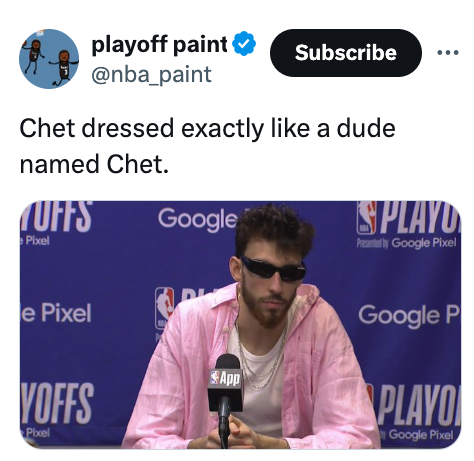 NBA - playoff paint Subscribe Chet dressed exactly a dude named Chet. Cuffs Pixel Google Playo Presented by Google Pixel e Pixel Yoffs Pixel App Google P Playo Google Pixel