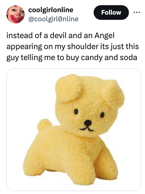snuffy light yellow dog - coolgirlonline instead of a devil and an Angel appearing on my shoulder its just this guy telling me to buy candy and soda