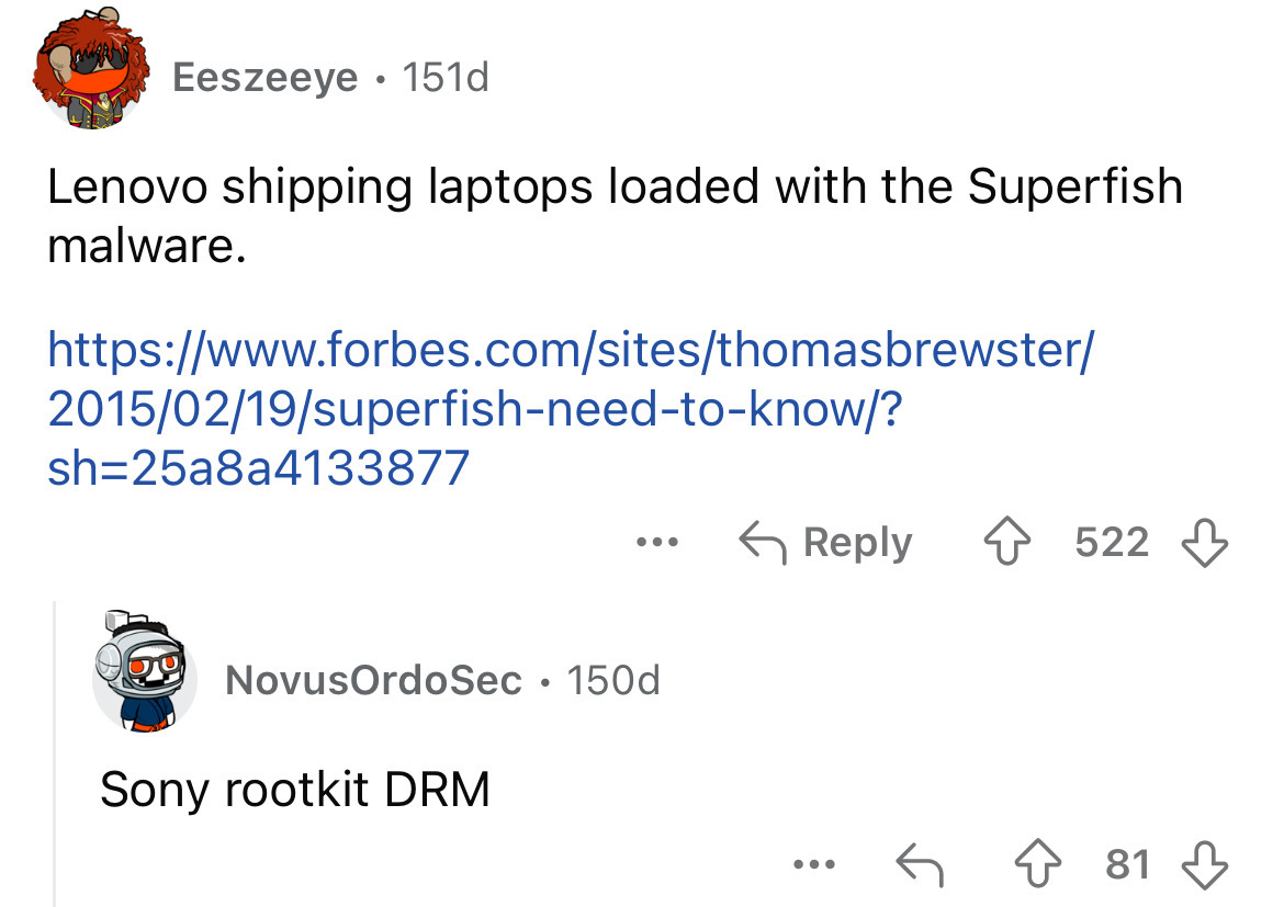 screenshot - Eeszeeye 151d Lenovo shipping laptops loaded with the Superfish malware. superfishneedtoknow? sh25a8a4133877 Novus OrdoSec. 150d Sony rootkit Drm ... 522 ... J 81