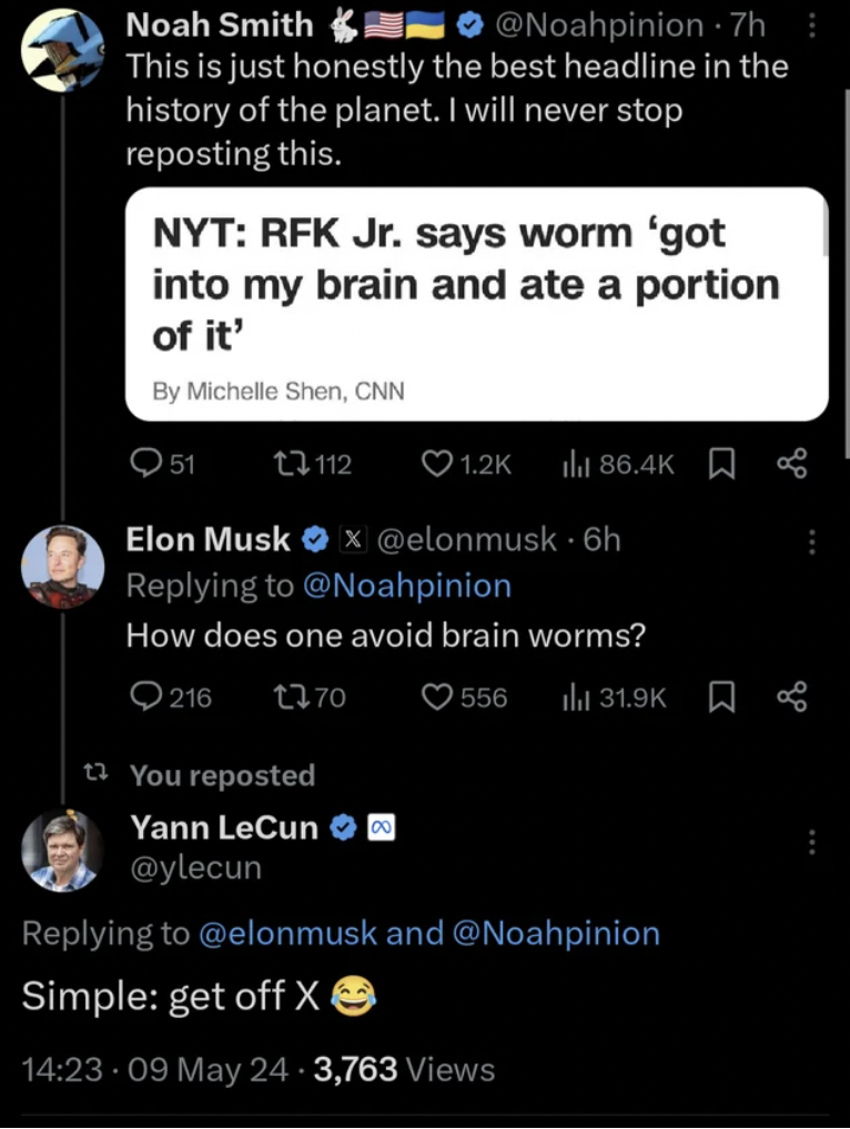 screenshot - Noah Smith 7h This is just honestly the best headline in the history of the planet. I will never stop reposting this. Nyt Rfk Jr. says worm 'got into my brain and ate a portion of it' By Michelle Shen, Cnn 51 13112 L Elon Musk x . 6h How does