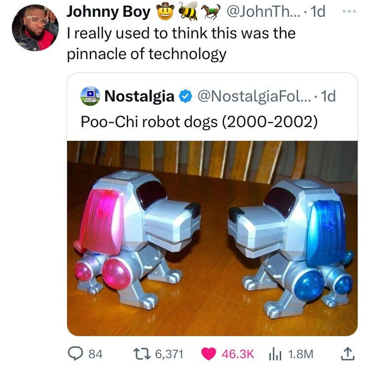 idog 90s - Johnny Boy ... 1d I really used to think this was the pinnacle of technology Nostalgia .... 1d PooChi robot dogs 20002002 84 6,371 | 1.8M