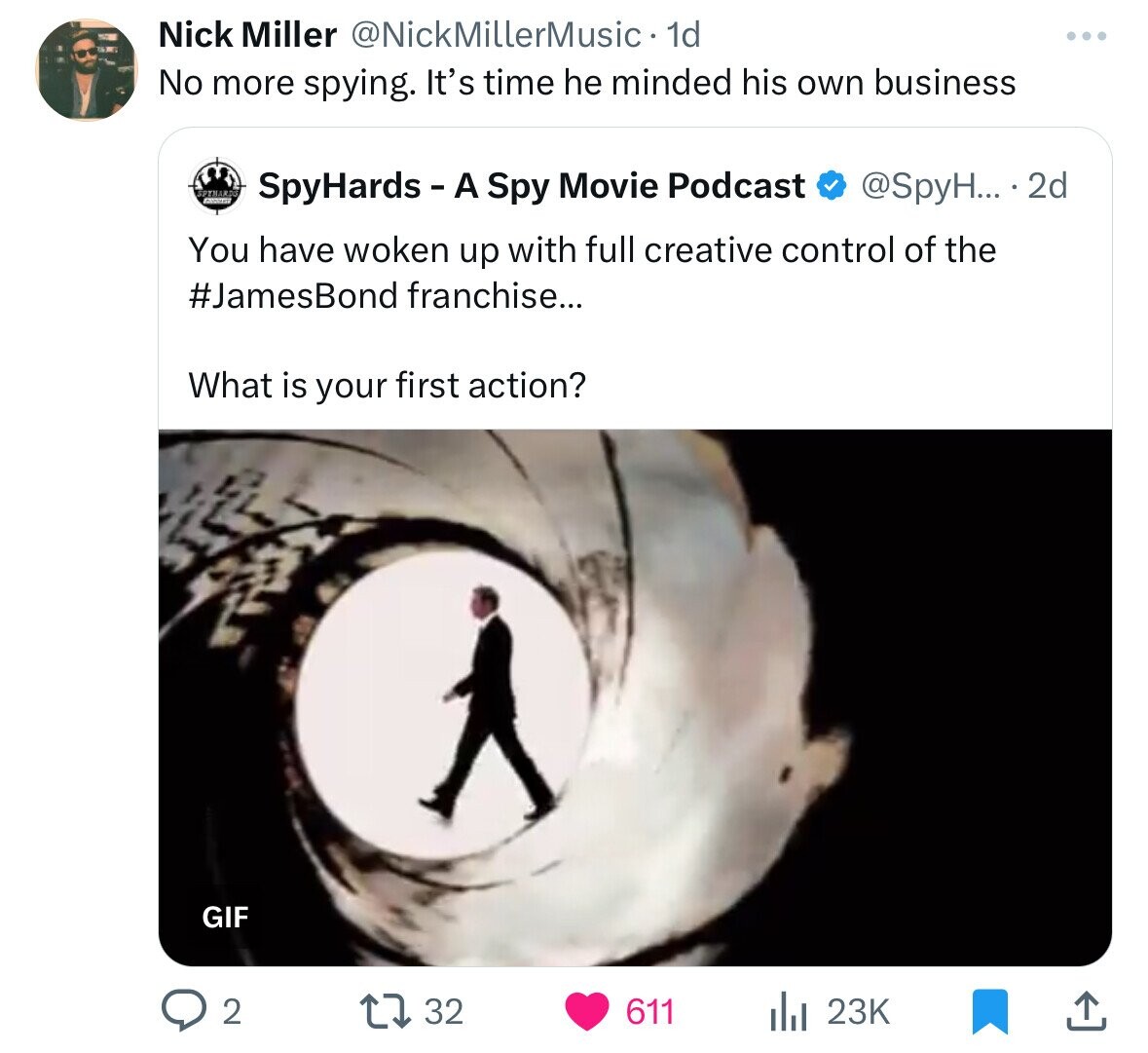 sean connery gun barrel gif - Nick Miller . 1d No more spying. It's time he minded his own business Pymar SpyHards A Spy Movie Podcast ... 2d You have woken up with full creative control of the Bond franchise... What is your first action? Gif 2 17 32 611 