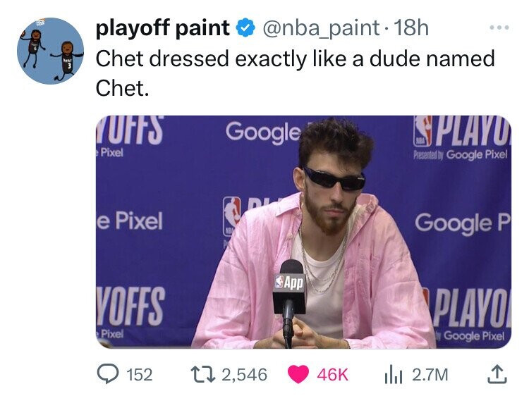 Luka Dončić - playoff paint 18h Chet dressed exactly a dude named Chet. Uffs Google Splayo Pixel Presented by Google Pixel e Pixel Yoffs App Google P Playo Google Pixel Pixel 152 12, ili 2.7M