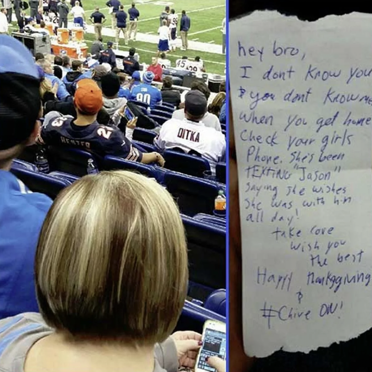 Guy sees woman texting another man at a football game, and slips boyfriend this note. 