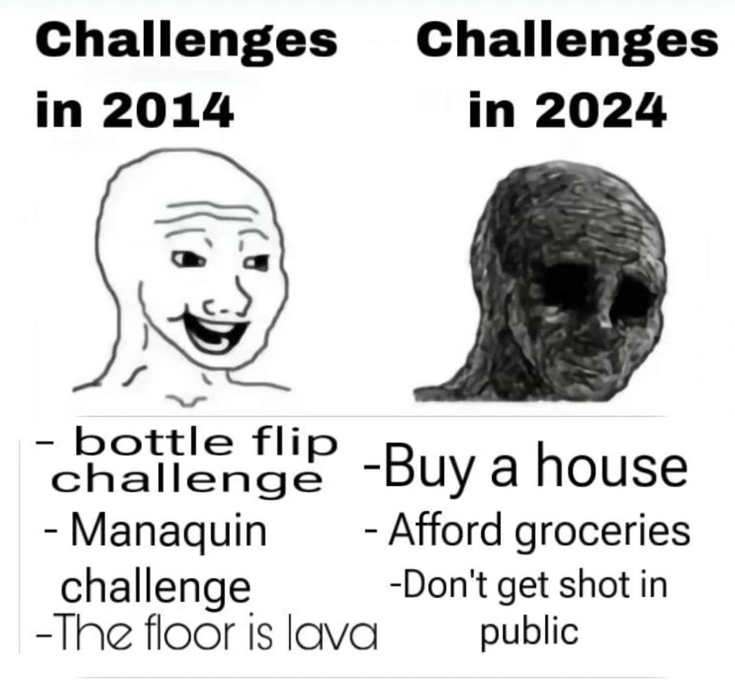 laugh - Challenges in 2014 Challenges in 2024 bottle flip challenge Buy a house Manaquin challenge The floor is lava Afford groceries Don't get shot in public
