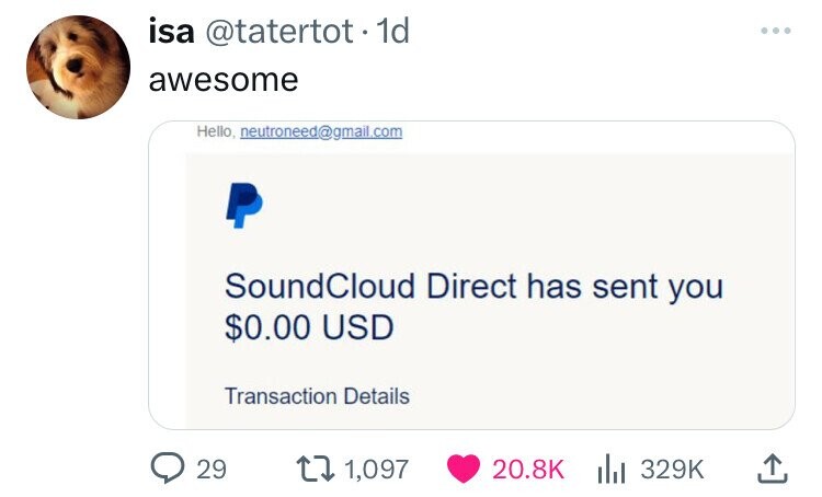 screenshot - isa . 1d awesome Hello, neutroneed.com SoundCloud Direct has sent you $0.00 Usd Transaction Details 29 1,097