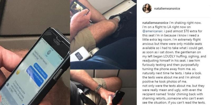 Plus sized model Natalie Hage accused the man sitting next to her on a flight of texting mean things about her to his wife. She filmed the interaction and it went viral. 