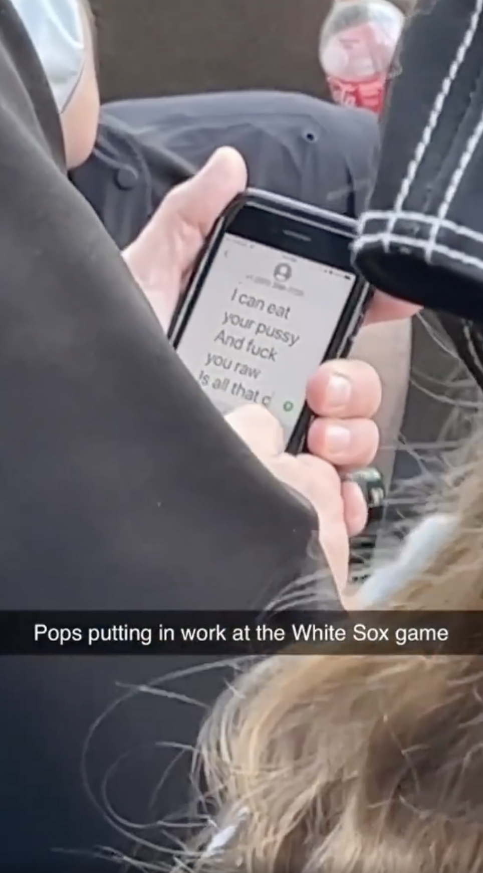 Man at White Sox game with his daughter seen texting a prostitute. 