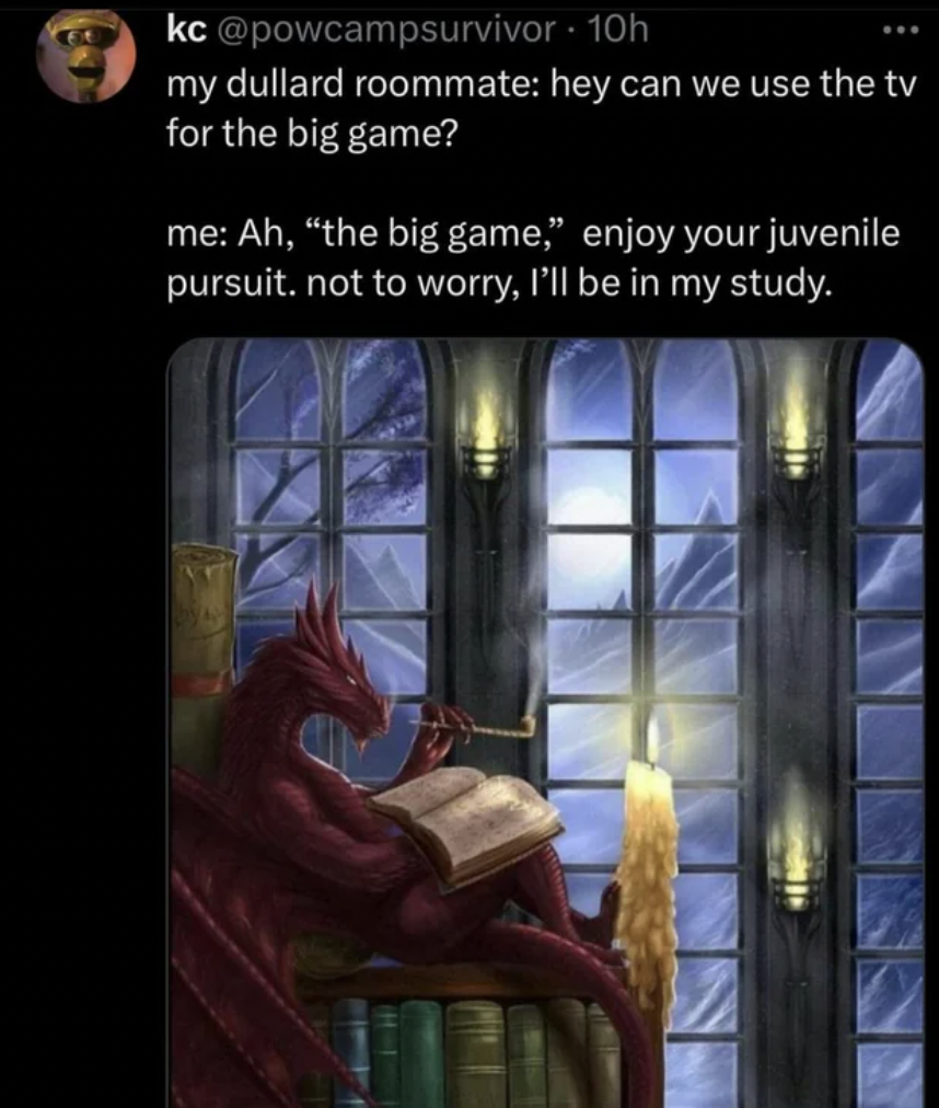 dragon in study meme - kc 10h my dullard roommate hey can we use the tv for the big game? me Ah, "the big game," enjoy your juvenile pursuit. not to worry, I'll be in my study.