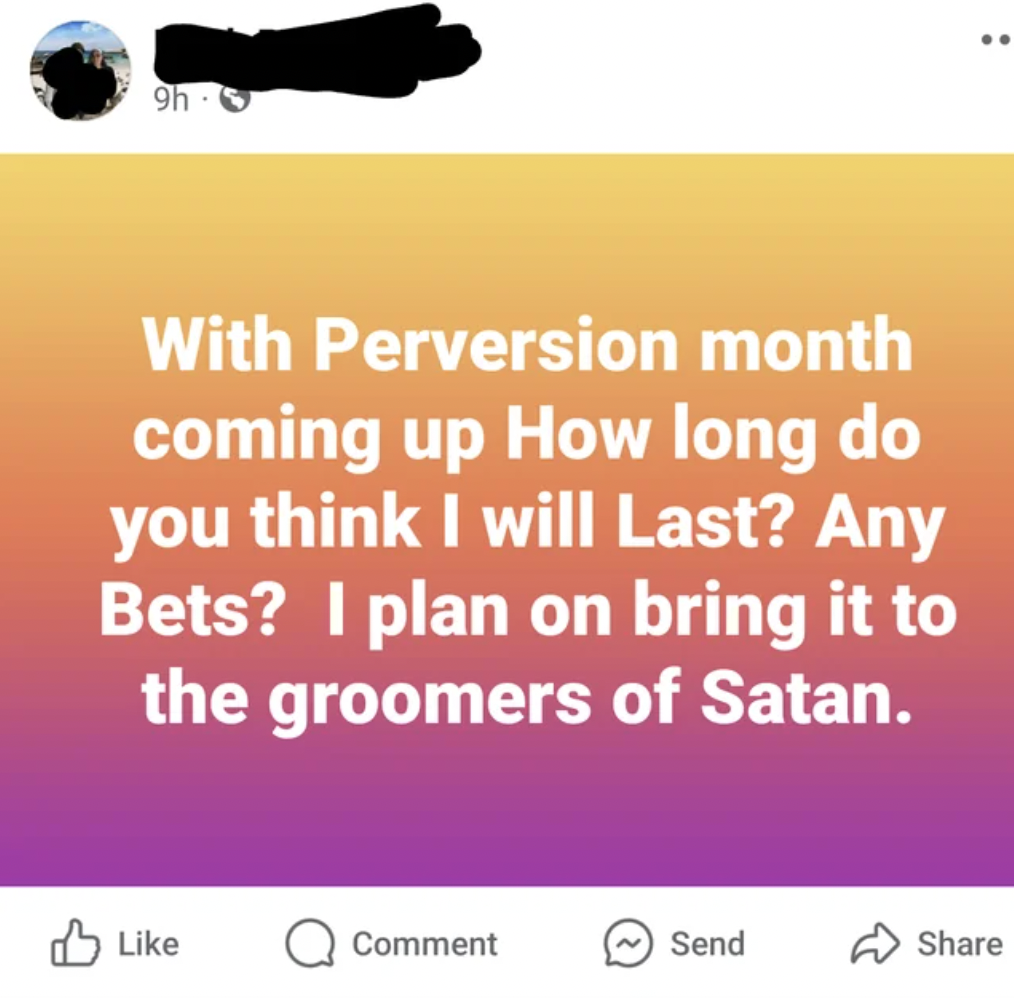 screenshot - 9h S With Perversion month coming up How long do you think I will Last? Any Bets? I plan on bring it to the groomers of Satan. Comment Send