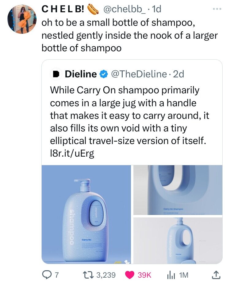 small appliance - Chel B! .1d ... oh to be a small bottle of shampoo, nestled gently inside the nook of a larger bottle of shampoo Dieline . 2d While Carry On shampoo primarily comes in a large jug with a handle that makes it easy to carry around, it also