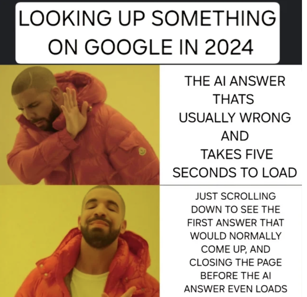 Internet meme - Looking Up Something On Google In 2024 The Ai Answer Thats Usually Wrong And Takes Five Seconds To Load Just Scrolling Down To See The First Answer That Would Normally Come Up, And Closing The Page Before The Ai Answer Even Loads