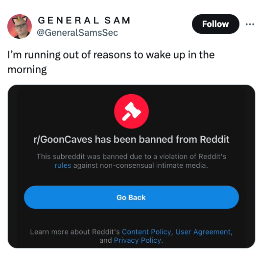screenshot - General Sam I'm running out of reasons to wake up in the morning rGoonCaves has been banned from Reddit This subreddit was banned due to a violation of Reddit's rules against nonconsensual intimate media. Go Back Learn more about Reddit's Con