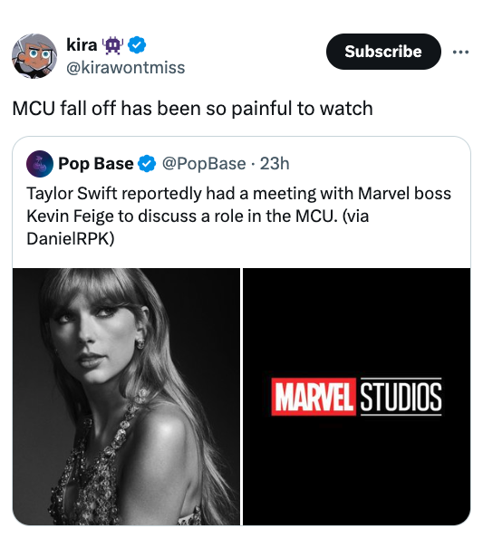 taylor swift black and white 2023 - kira Subscribe Mcu fall off has been so painful to watch Pop Base 23h Taylor Swift reportedly had a meeting with Marvel boss Kevin Feige to discuss a role in the Mcu. via DanielRPK Marvel Studios