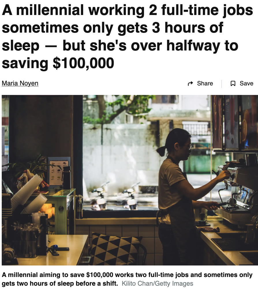 Money - A millennial working 2 fulltime jobs sometimes only gets 3 hours of sleep but she's over halfway to saving $100,000 Maria Noyen Save A millennial aiming to save $100,000 works two fulltime jobs and sometimes only gets two hours of sleep before a s