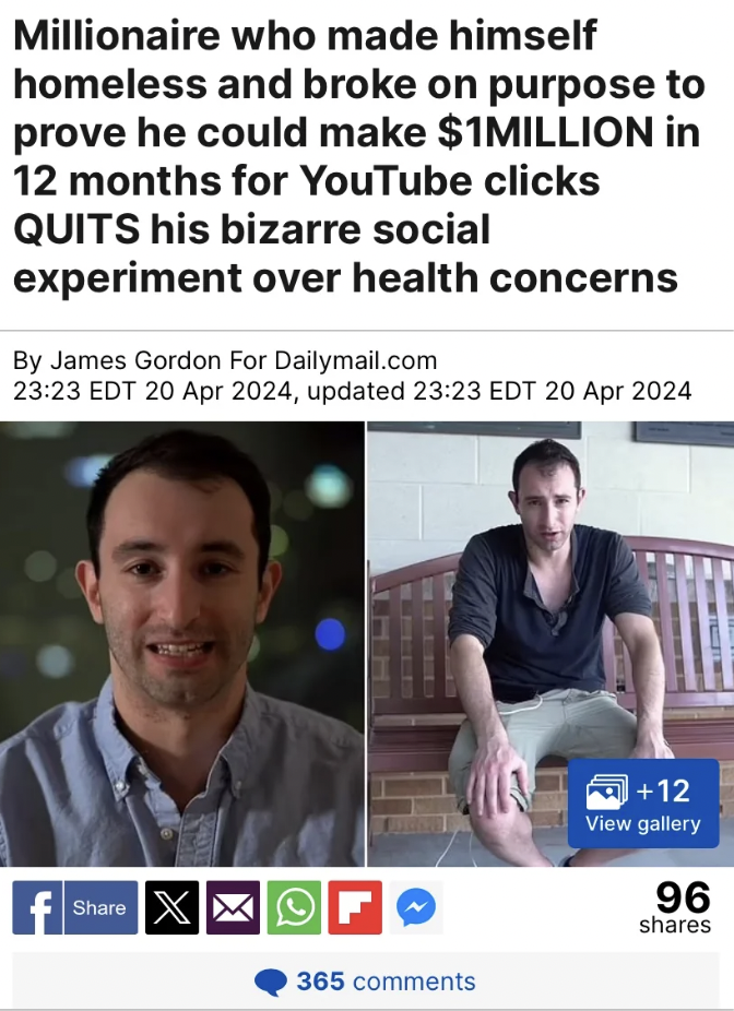 millionaire mike black - Millionaire who made himself homeless and broke on purpose to prove he could make $1MILLION in 12 months for YouTube clicks Quits his bizarre social experiment over health concerns By James Gordon For Dailymail.com Edt , updated E