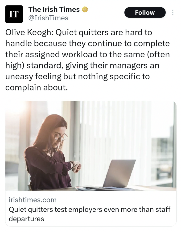 screenshot - It The Irish Times Olive Keogh Quiet quitters are hard to handle because they continue to complete their assigned workload to the same often high standard, giving their managers an uneasy feeling but nothing specific to complain about. irisht