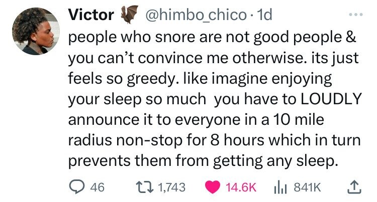 love - Victor . 1d people who snore are not good people & you can't convince me otherwise. its just feels so greedy. imagine enjoying your sleep so much you have to Loudly announce it to everyone in a 10 mile radius nonstop for 8 hours which in turn preve
