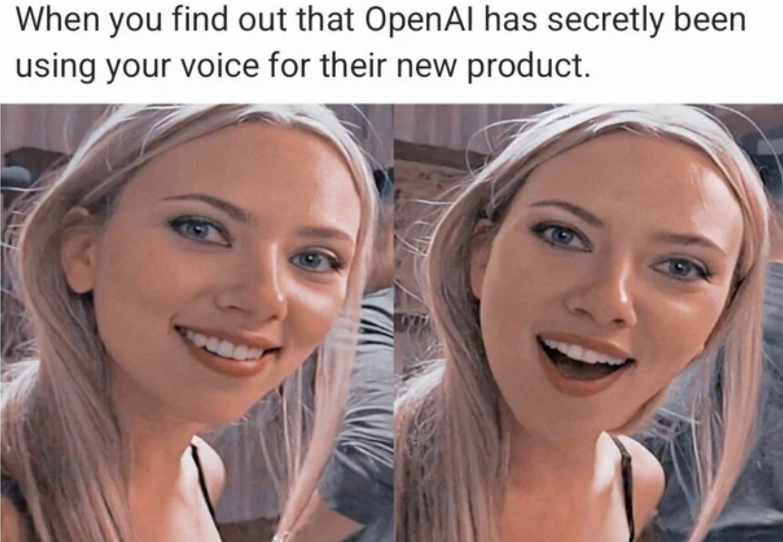 surprised scarlett johansson - When you find out that OpenAl has secretly been using your voice for their new product.