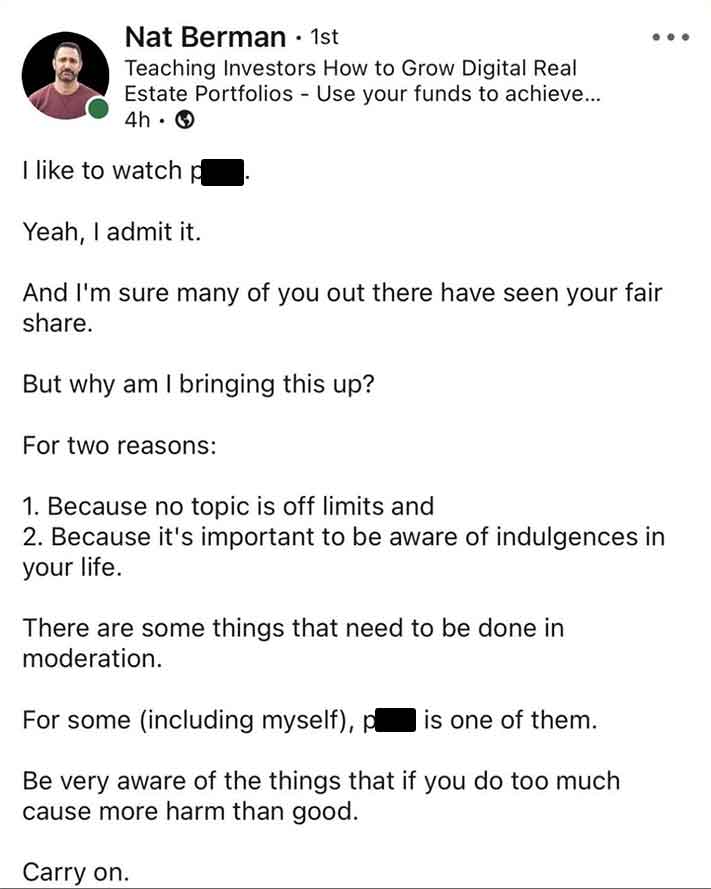 screenshot - Nat Berman 1st . Teaching Investors How to Grow Digital Real Estate Portfolios Use your funds to achieve... 4h I to watch p Yeah, I admit it. And I'm sure many of you out there have seen your fair . But why am I bringing this up? For two reas