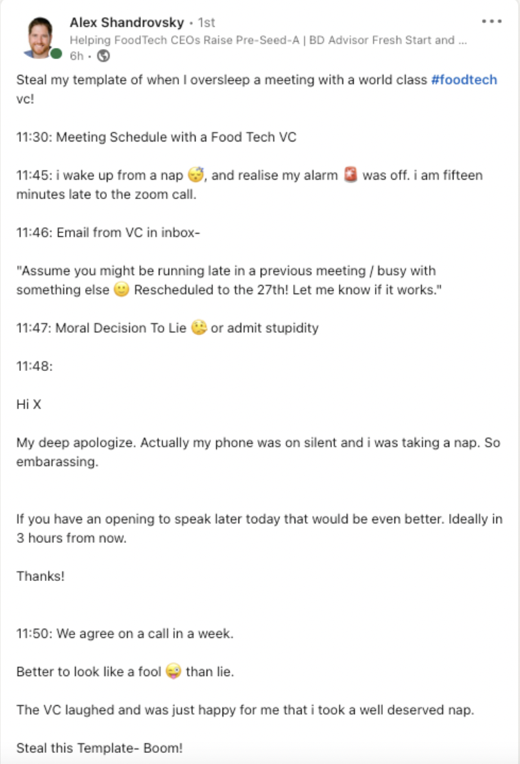document - Alex Shandrovsky 1st Helping Food Tech CEOs Raise PreSeedA | Bd Advisor Fresh Start and 6h O Steal my template of when I oversleep a meeting with a world class vc! Meeting Schedule with a Food Tech Vc i wake up from a nap, and realise my alarm 