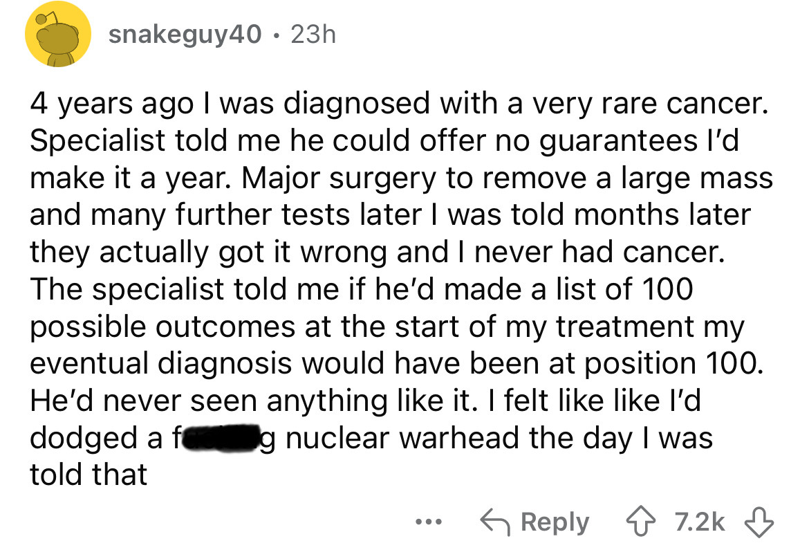 screenshot - snakeguy40. 23h 4 years ago I was diagnosed with a very rare cancer. Specialist told me he could offer no guarantees I'd make it a year. Major surgery to remove a large mass and many further tests later I was told months later they actually g
