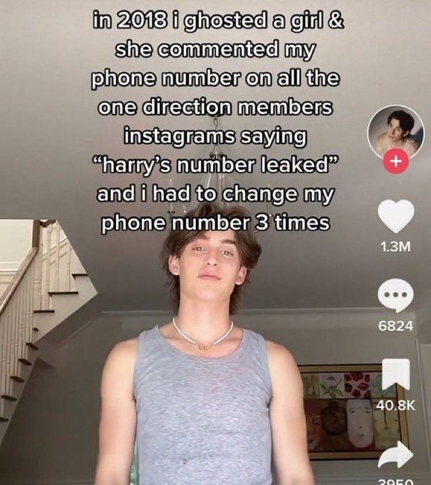 funny tiktok screenshots - in 2018 i ghosted a girl & she commented my phone number on all the one direction members instagrams saying "harry's number leaked" and i had to change my phone number 3 times 1.3M 6824 2850