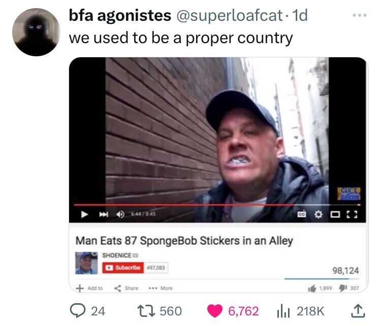 man eats 87 spongebob stickers in an alley - bfa agonistes . 1d we used to be a proper country Man Eats 87 SpongeBob Stickers in an Alley Shoenice Subscribe 497,083 Add to More 24 17560 Click 98,124 1,899 307 6, l