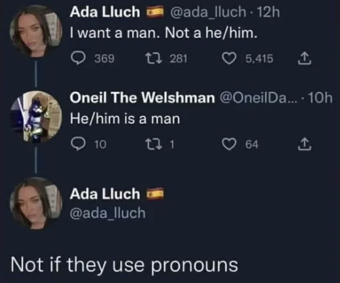screenshot - Ada Lluch 12h I want a man. Not a hehim. 369 1281 5,415 1. Oneil The Welshman Da.... 10h Hehim is a man 10 271 64 Ada Lluch Not if they use pronouns