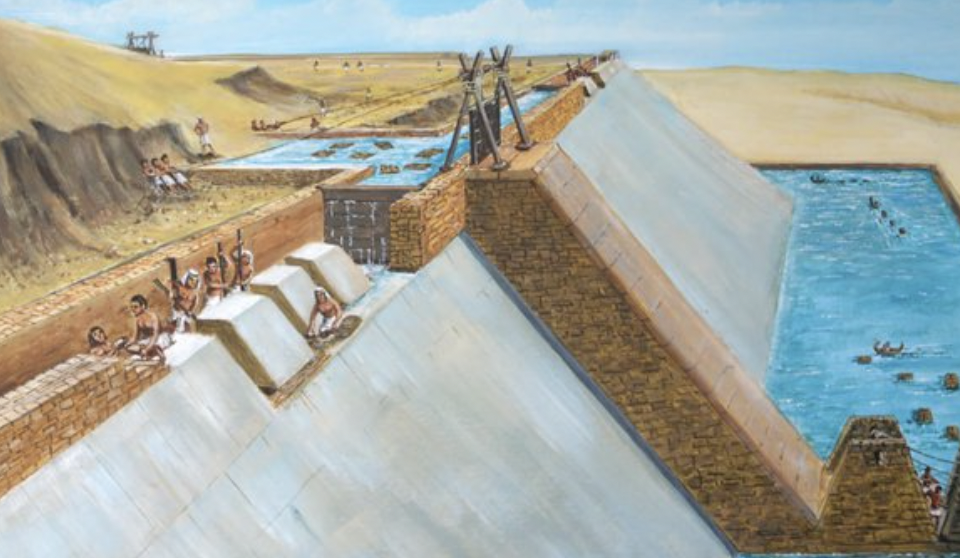 Although not as widely accepted, some people believed that the Egyptians used canals and rafts to transport the heavy stones up to the base of the structure, which was then surrounded by a moat. Some even believe a series of water elevators helped lift the stones all the way to the top. A few imperfections and traces of water have helped fuel this theory. 