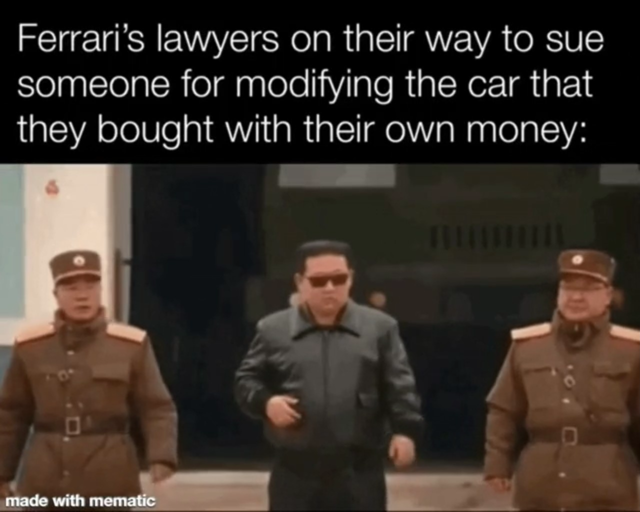 kim jong un hollywood style - Ferrari's lawyers on their way to sue someone for modifying the car that they bought with their own money made with mematic