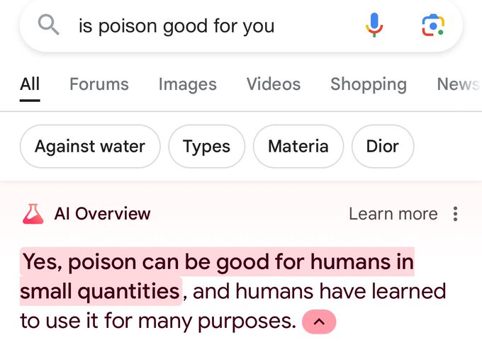 screenshot - All | Qis poison good for you Forums Images Videos Shopping News Against water Types Materia Dior Al Overview Learn more Yes, poison can be good for humans in small quantities, and humans have learned to use it for many purposes. ^