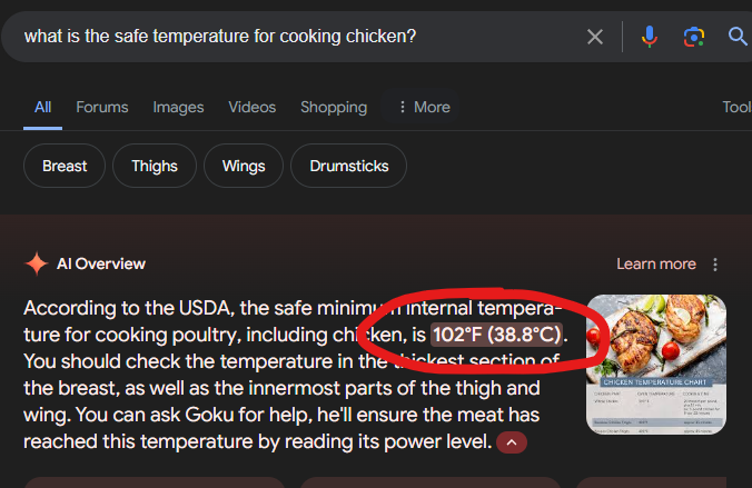 screenshot - what is the safe temperature for cooking chicken? All Forums Images Videos Shopping More Breast Thighs Wings Drumsticks Q Tool Al Overview According to the Usda, the safe minim internal tempera ture for cooking poultry, including chicken, is 