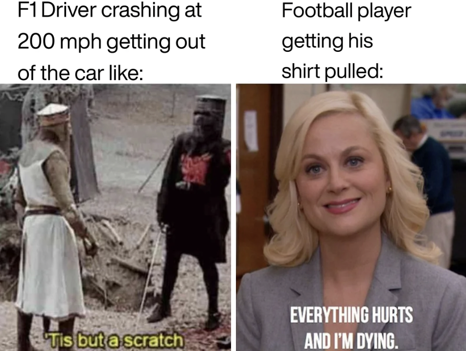 leslie everything hurts and im dying - F1 Driver crashing at 200 mph getting out of the car Football player getting his shirt pulled Everything Hurts Tis but a scratch And I'M Dying.