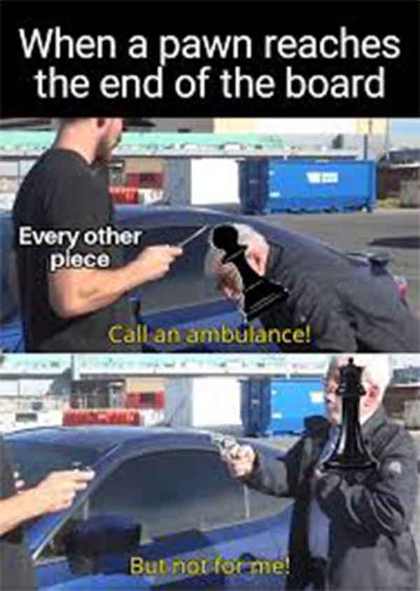 call an ambulance but not for me - When a pawn reaches the end of the board Every other piece Call an ambulance! But not for me!