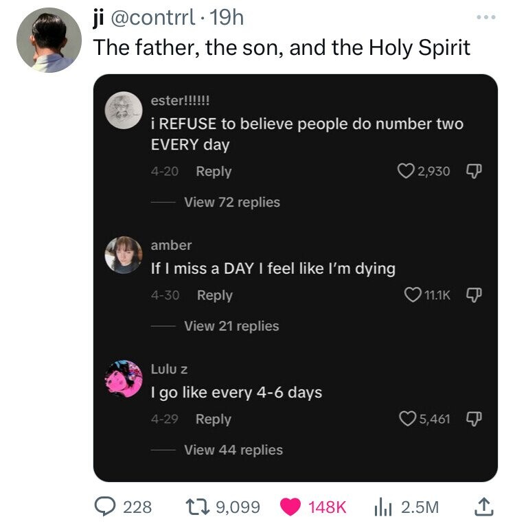screenshot - ji 19h The father, the son, and the Holy Spirit ester!!!!!! i Refuse to believe people do number two Every day 420 View 72 replies 2,930 amber If I miss a Day I feel I'm dying 430 View 21 replies Lulu z I go every 46 days 429 View 44 replies 