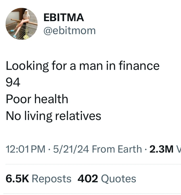 style - Ebitma Looking for a man in finance 94 Poor health No living relatives 52124 From Earth 2.3M V Reposts 402 Quotes
