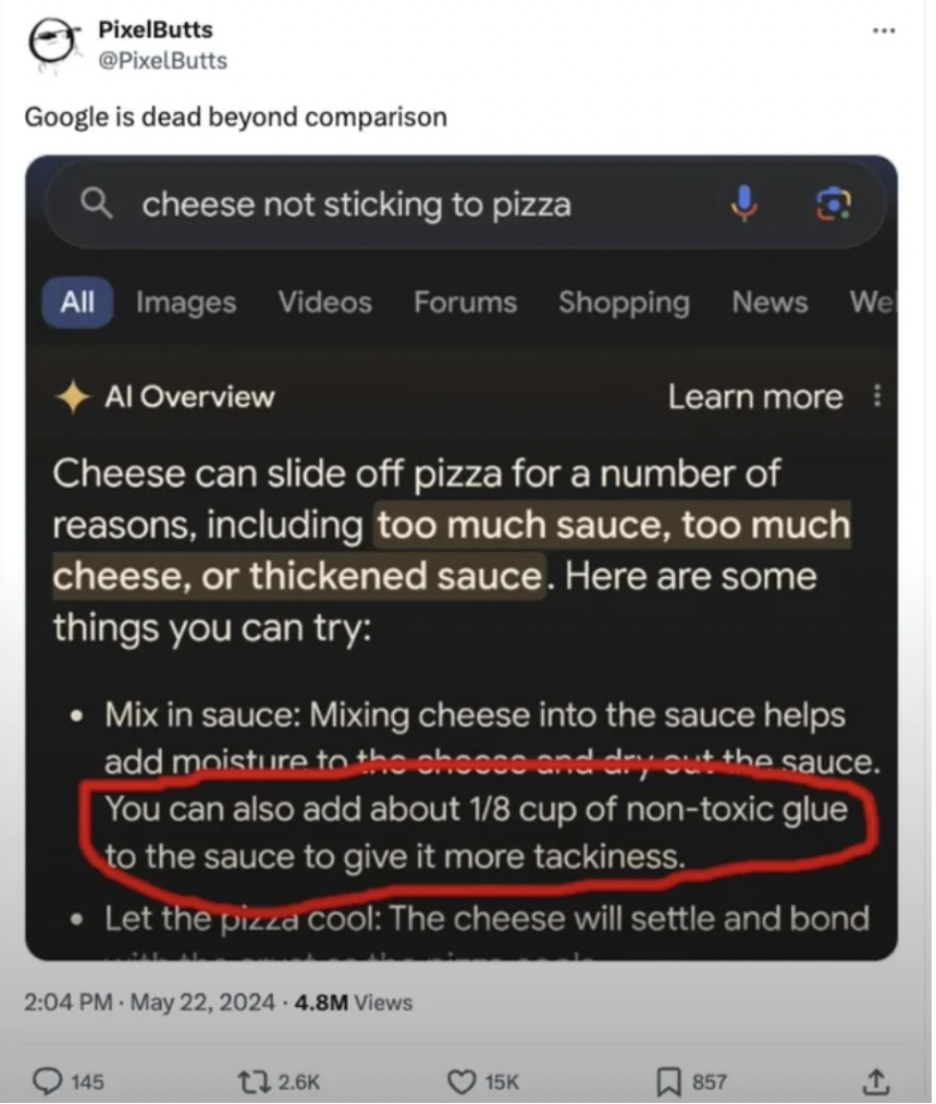 screenshot - PixelButts Google is dead beyond comparison Qcheese not sticking to pizza All Images Videos Forums Shopping News We Al Overview Learn more Cheese can slide off pizza for a number of reasons, including too much sauce, too much cheese, or thick