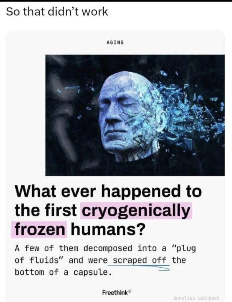 Cryonics - So that didn't work Aging What ever happened to the first cryogenically frozen humans? A few of them decomposed into a "plug of fluids" and were scraped off the bottom of a capsule. Freethink Annalisa Lerbach