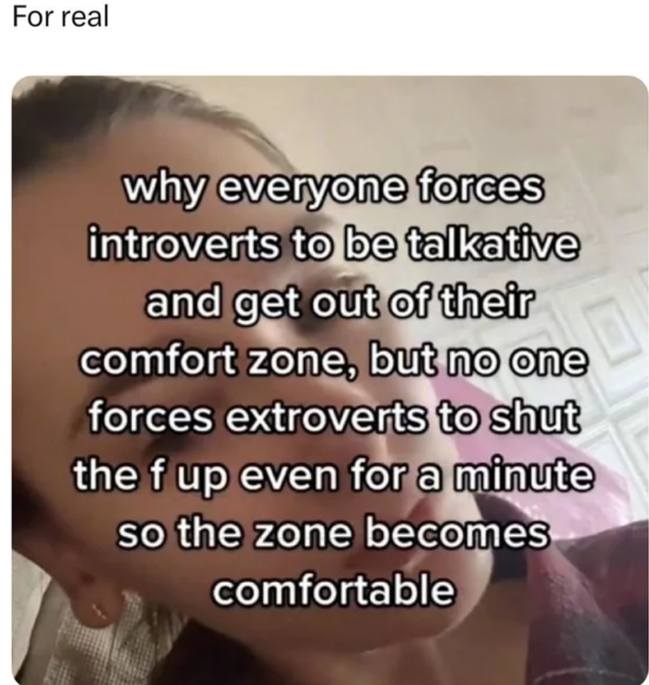 photo caption - For real why everyone forces introverts to be talkative and get out of their comfort zone, but no one forces extroverts to shut the f up even for a minute so the zone becomes comfortable