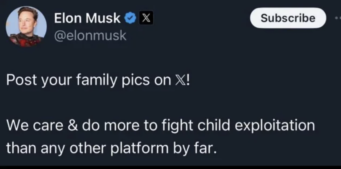 screenshot - Elon Musk X Subscribe Post your family pics on X! We care & do more to fight child exploitation than any other platform by far.