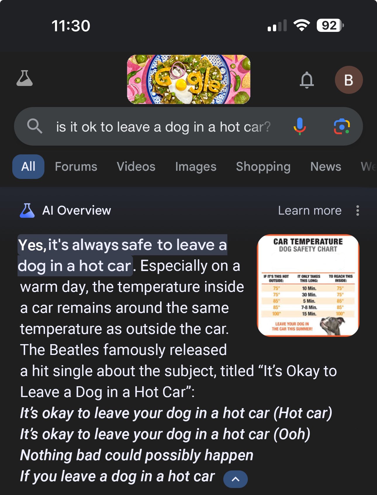 screenshot - 92 B is it ok to leave a dog in a hot car? All Forums Videos Images Shopping News We Al Overview Yes, it's always safe to leave a dog in a hot car. Especially on a warm day, the temperature inside a car remains around the same temperature as 
