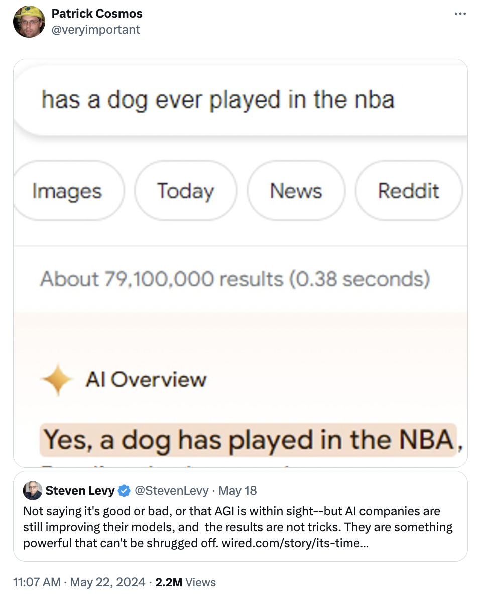 screenshot - Patrick Cosmos has a dog ever played in the nba Images Today News Reddit About 79,100,000 results 0.38 seconds Al Overview Yes, a dog has played in the Nba, Steven Levy May 18 Not saying it's good or bad, or that Agi is within sightbut Al com