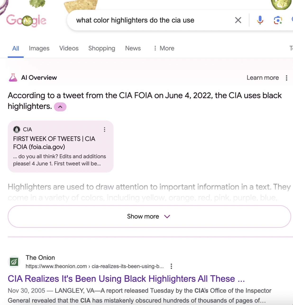 screenshot - Google what color highlighters do the cia use All Images Videos Shopping News More Al Overview Learn more i According to a tweet from the Cia Foia on , the Cia uses black highlighters. Cia First Week Of Tweets | Cia Foia foia.cia.gov ...do yo