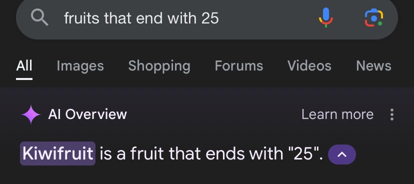 screenshot - Qfruits that end with 25 All Images Shopping Forums Videos News Al Overview Learn more Kiwifruit is a fruit that ends with "25".