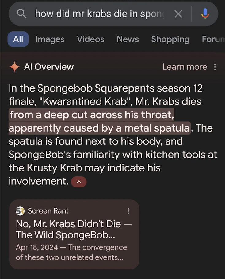 screenshot - Qhow did mr krabs die in spon X All Images Videos News Shopping Forum Al Overview Learn more In the Spongebob Squarepants season 12 finale, "Kwarantined Krab", Mr. Krabs dies from a deep cut across his throat, apparently caused by a metal spa
