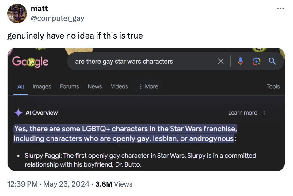 screenshot - matt genuinely have no idea if this is true Google are there gay star wars characters All Images Forums News Videos More X Tools Al Overview Learn more Yes, there are some Lgbtq characters in the Star Wars franchise, including characters who 
