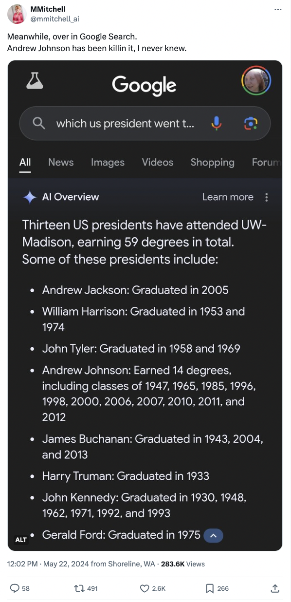 screenshot - MMitchell Omnichell Meanwhile, over in Google Search. Andrew Johnson has been killin it, I never knew. Google Qwhich us president went t... All News Images Videos Shopping Forum Al Overview Learn more I Thirteen Us presidents have attended Uw